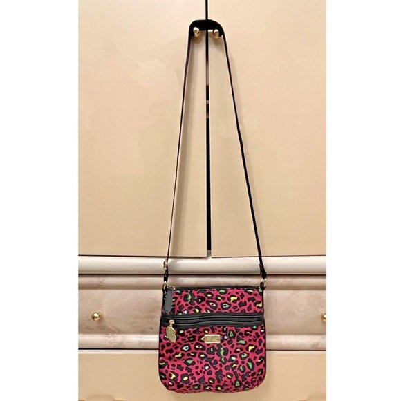 BETSY JOHNSON HOT PINK FUSCHIA LEOPARD CHEETAH ANIMAL PRINT NYLON CROSSBODY BAG - Picture 2 of 11